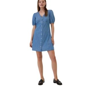 GAP DENIM DRESS BUTTON FRONT PUFF SLEEVES EMPIRE WAIST COTTON SIZE XL